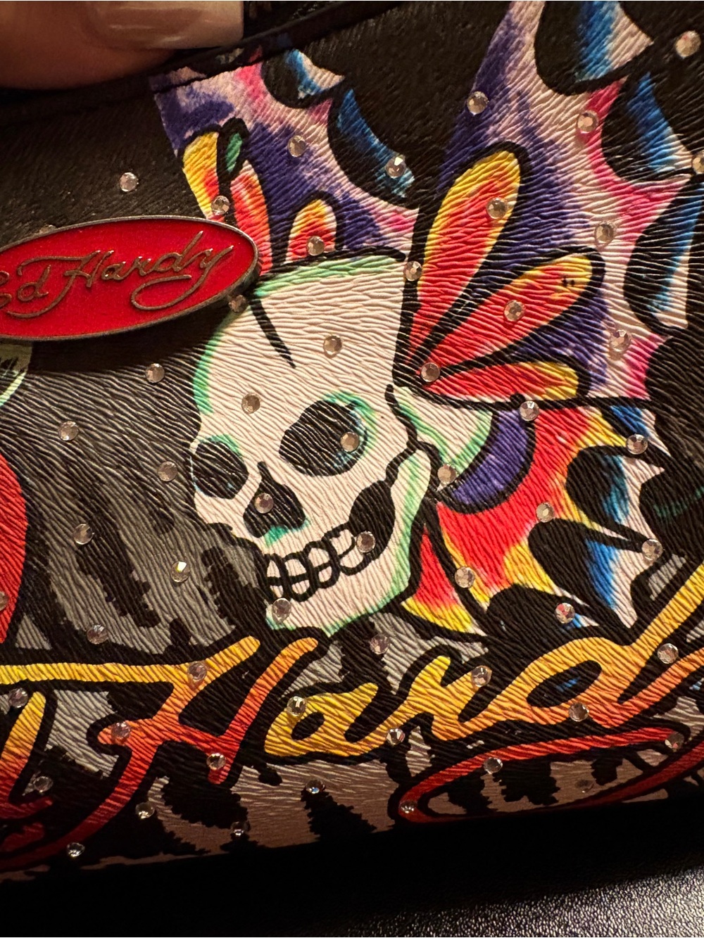 Ed Hardy Black Shoulder Bag with Multicolor Skull & Floral Graphics - Picture 11 of 16